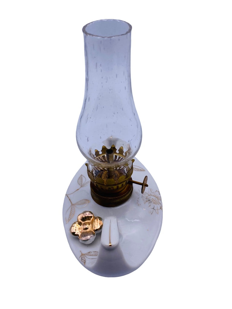 Vintage 6" Oil Lamp with Hurricane Glass White Ceramic Japan Gold Trim