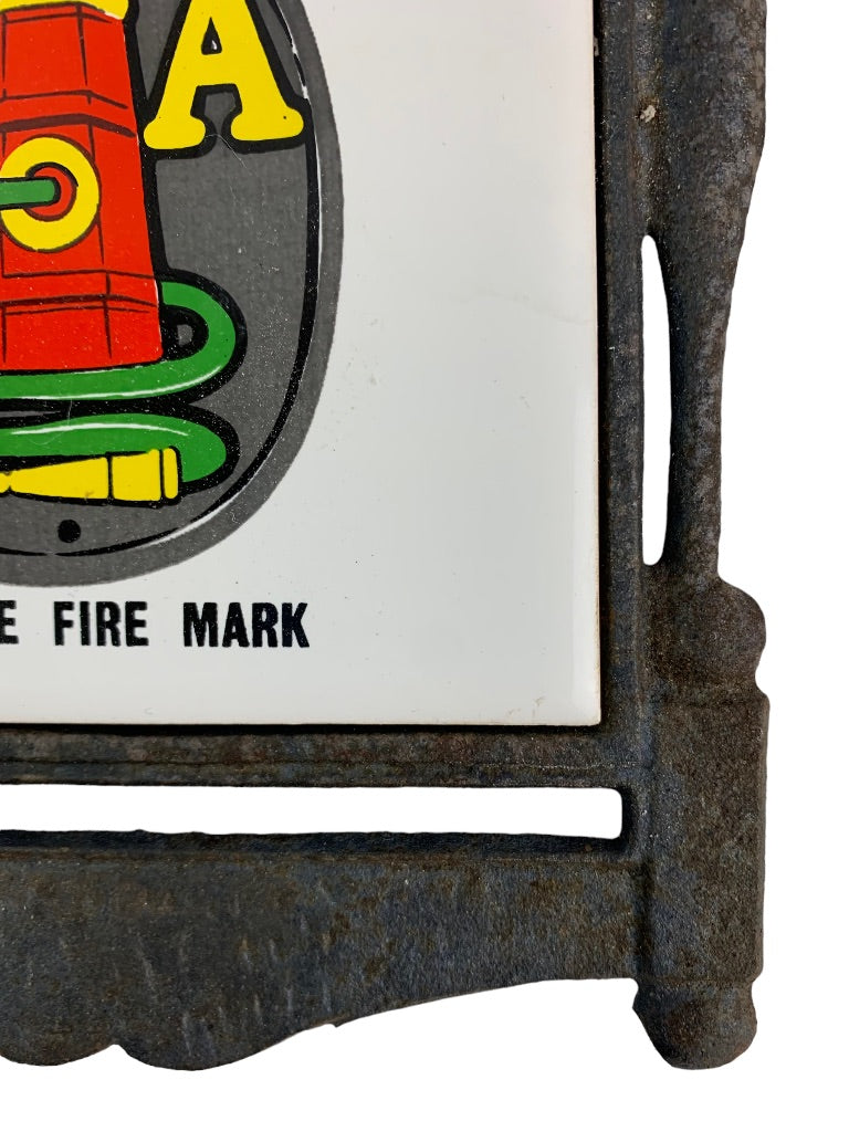 Vintage Tile Trivet "FA" Antique Fire Mark in Cast Iron Made in Japan Ceramic
