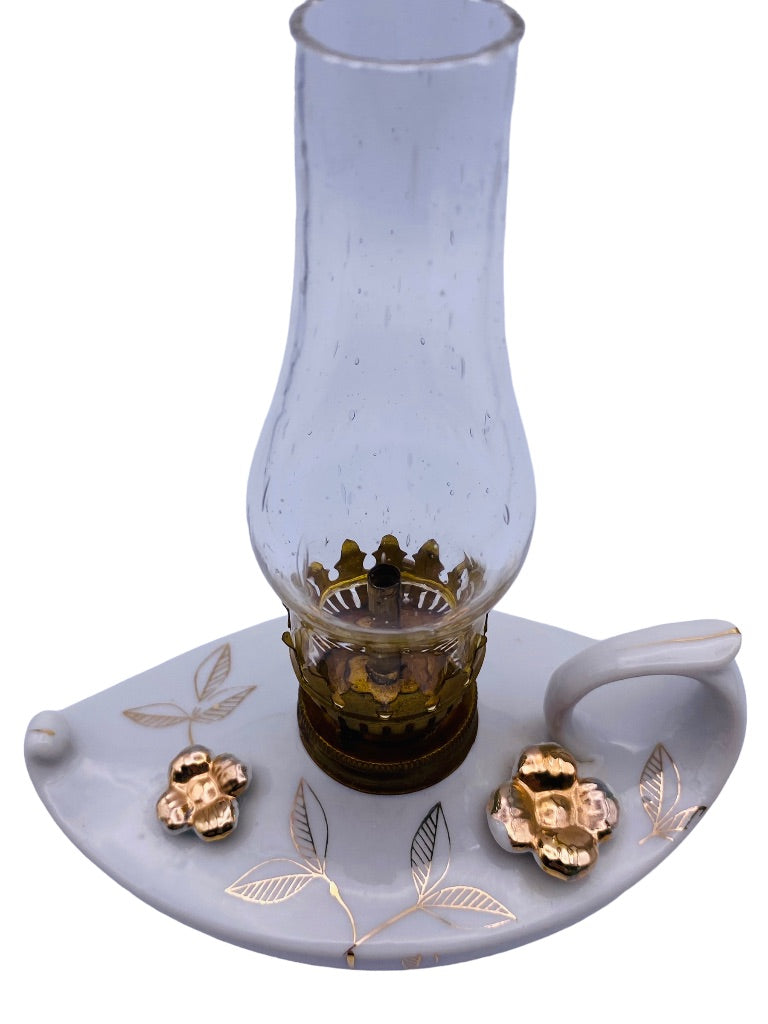 Vintage 6" Oil Lamp with Hurricane Glass White Ceramic Japan Gold Trim