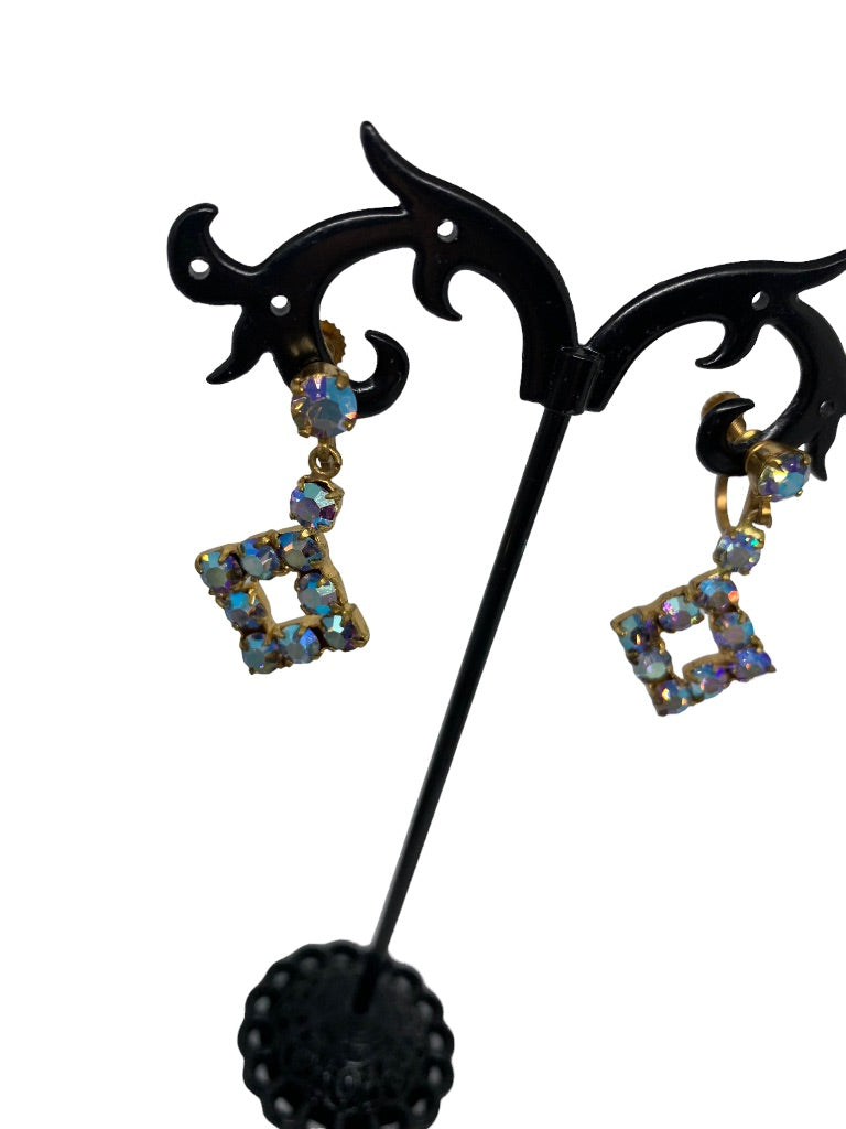 Vintage Signed Screwback Non-Pierced Earrings Blue Aurora Borealis 1.5" drop dangle