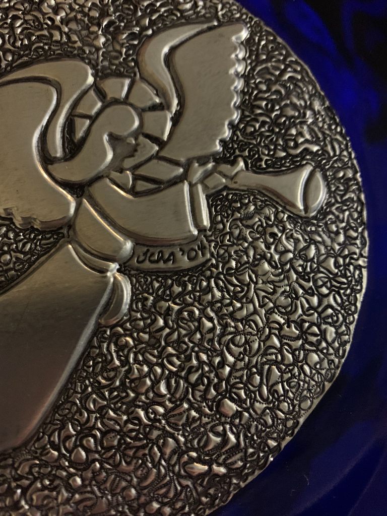 Cobalt 8" Blue Glass Plate with Silver Angel Herald Signed '04