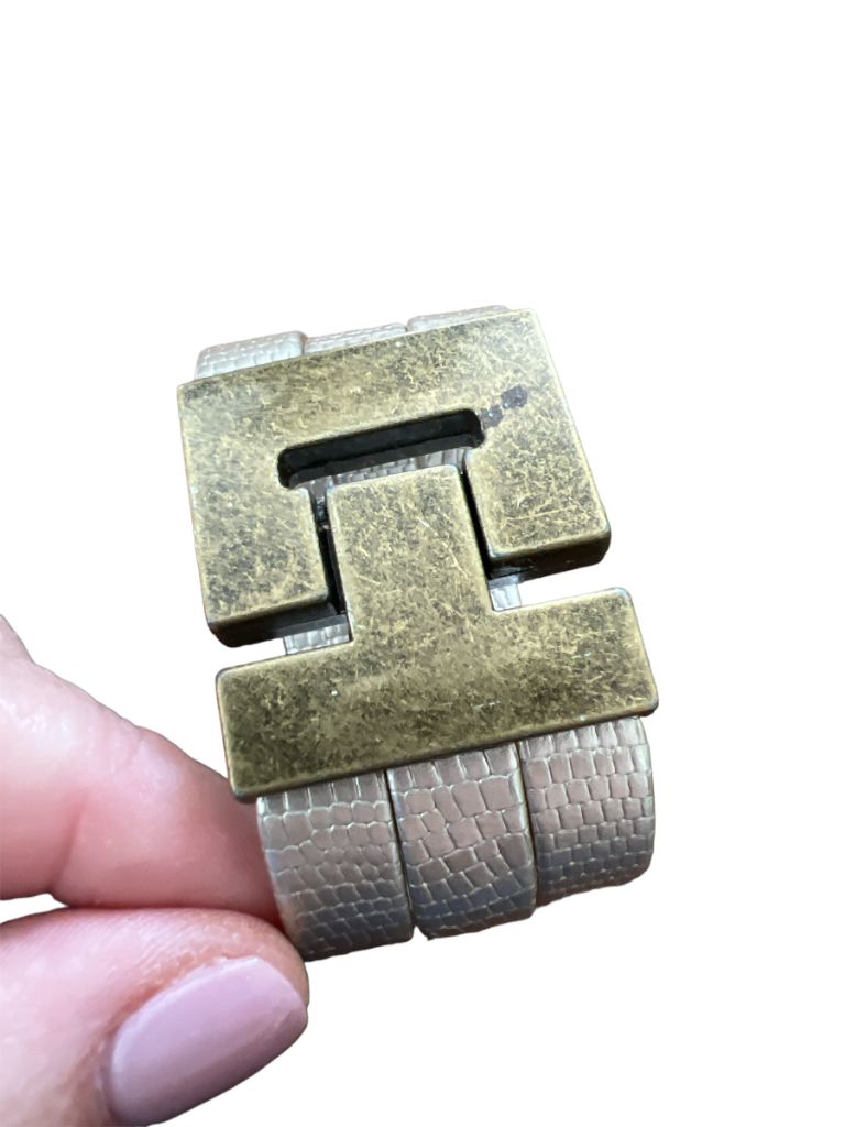 Three Strap Magnetic Clasp Bracelet Silvertone Faux Snakeskin Brass-like Hardware