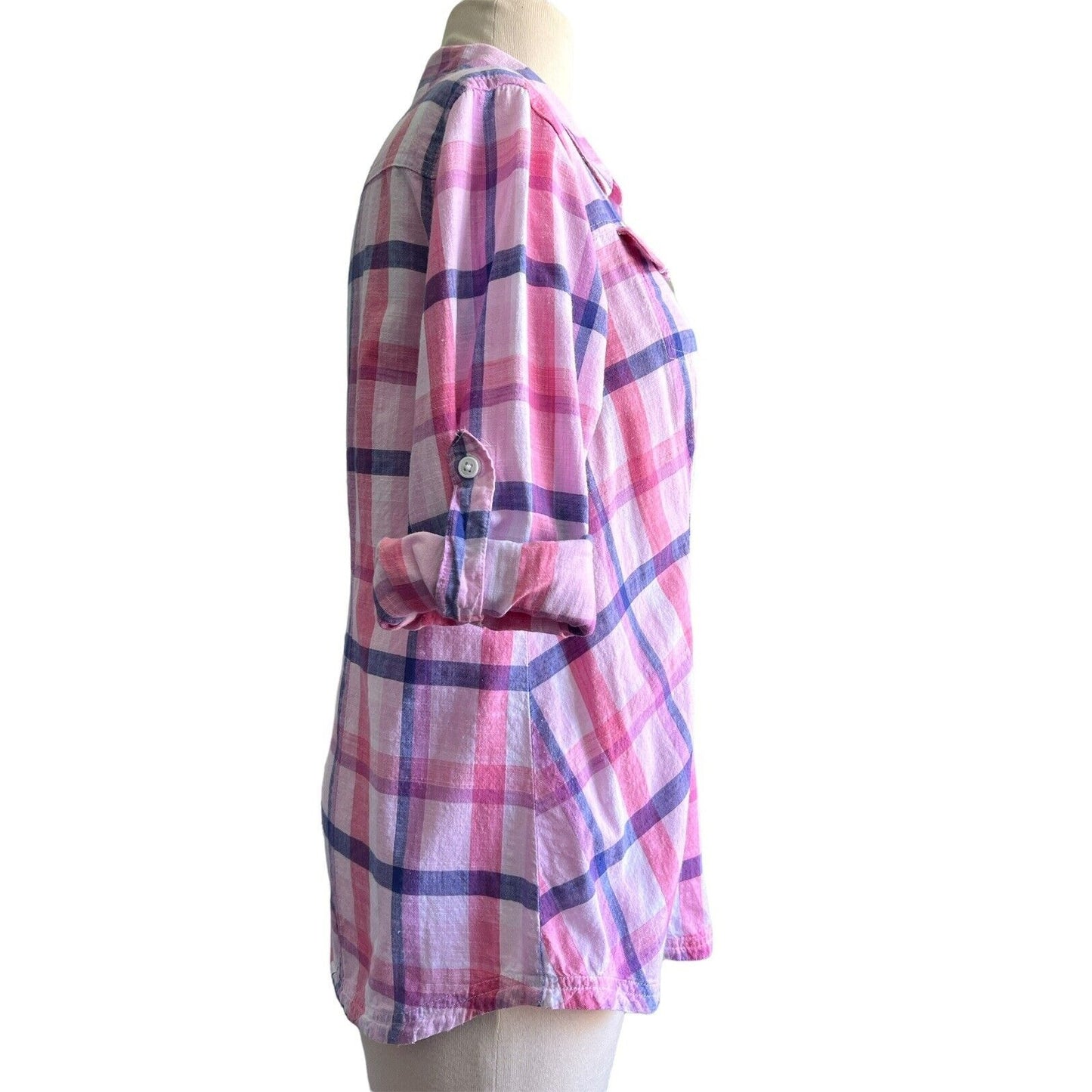 Small Columbia Cotton Plaid Button Down Roll-Tab sleeve Shirt Blouse Top