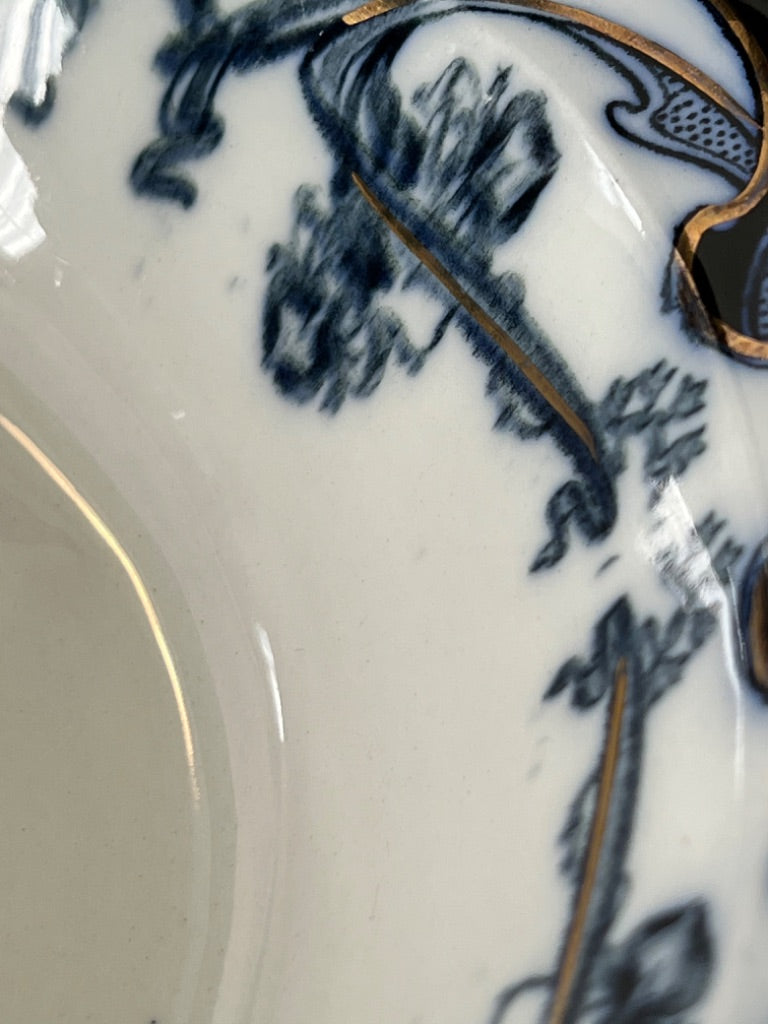 Antique 9" Serving Bowl Flow Blue IRIS Pattern Royal Pottery Staffordshire