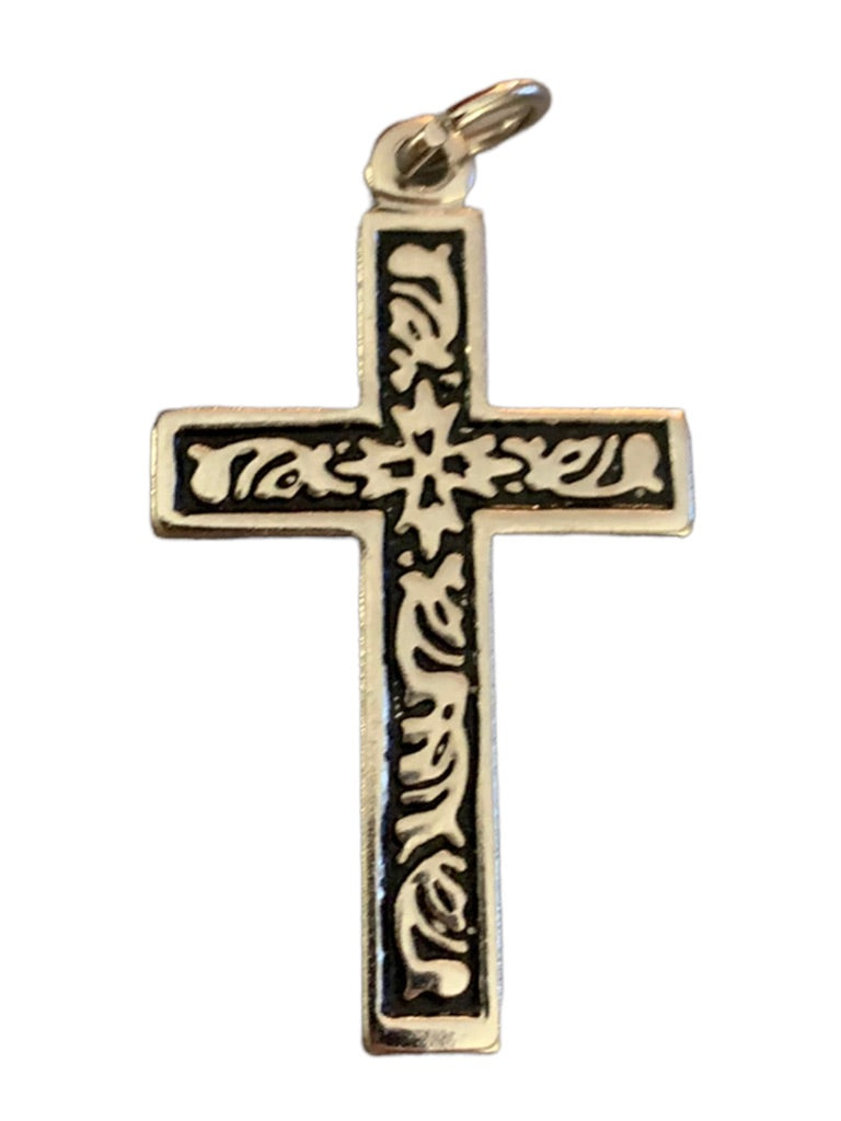 Vintage Silvertone Cross Pendant Black Inset Scrolling 1 1/4"h