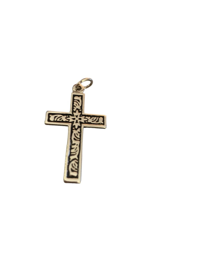 Vintage Silvertone Cross Pendant Black Inset Scrolling 1 1/4"h