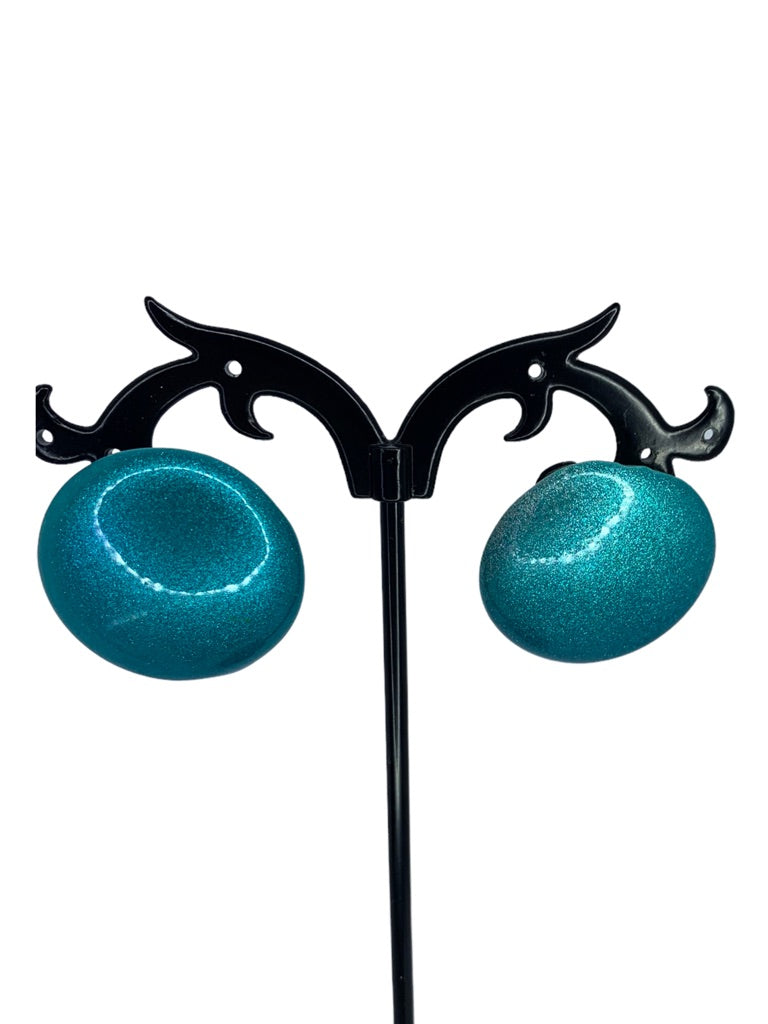 Vintage Sparkle Teal Glittery Post Pierced Dot Earrings 1 1/8" Diameter