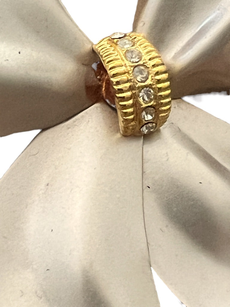 Blush Metallic Metal Bow Brooch Goldtone Rhinestone Center