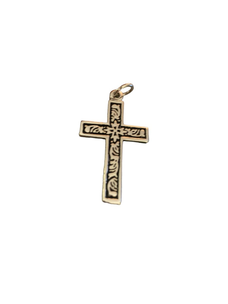 Vintage Silvertone Cross Pendant Black Inset Scrolling 1 1/4"h