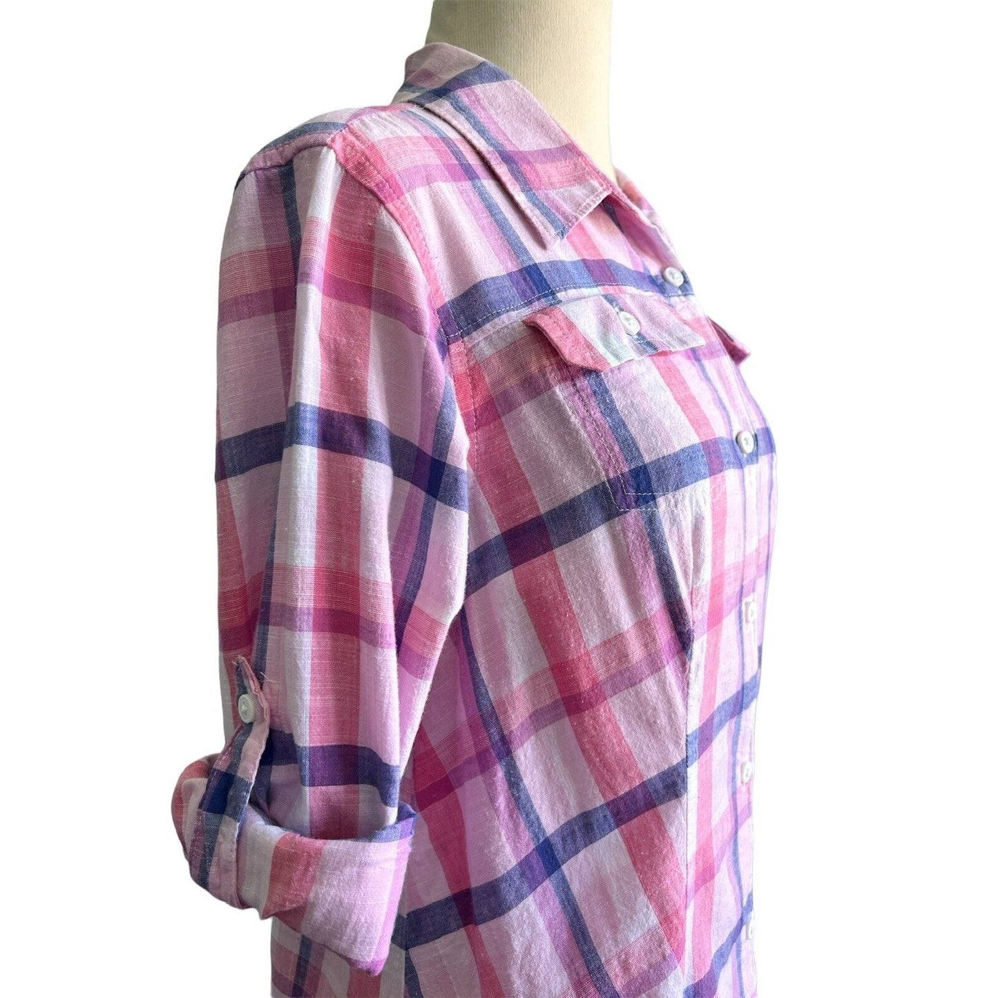 Small Columbia Cotton Plaid Button Down Roll-Tab sleeve Shirt Blouse Top