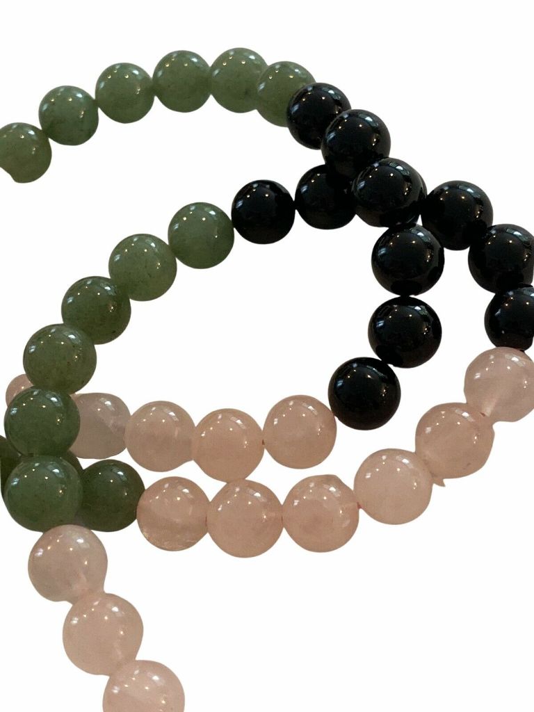 Rose Quartz Stone Gem Beaded 32" Pink Jade ? Onyx? Green Black Necklace