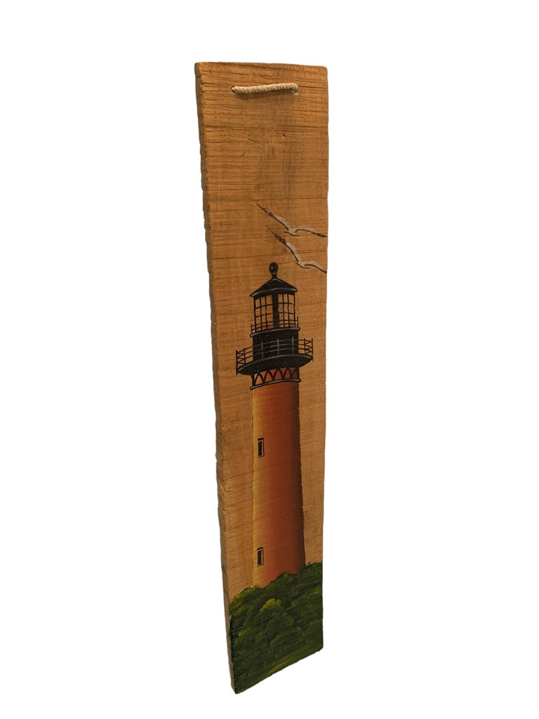 Painted Wooden Wall Hanging Lighthouse 17 1/2" x 3 1/4" Natural Look Beach Coastal