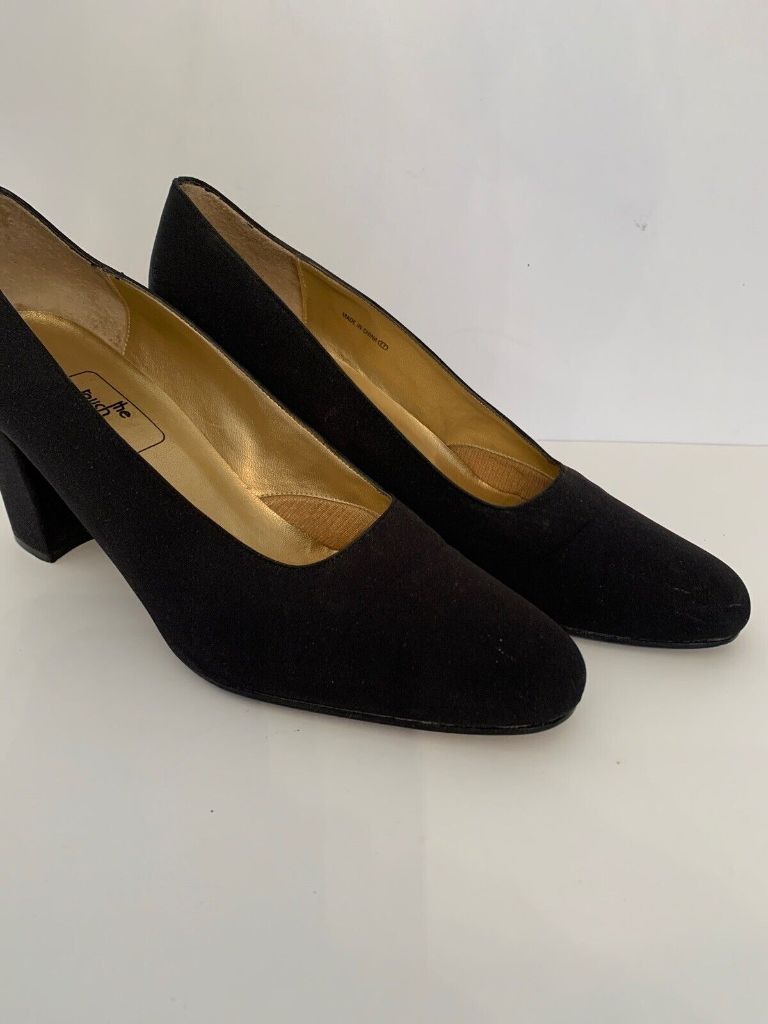 9.5M Nina Black Fabric Block 3" Heel Leather Sole Women's Pumps