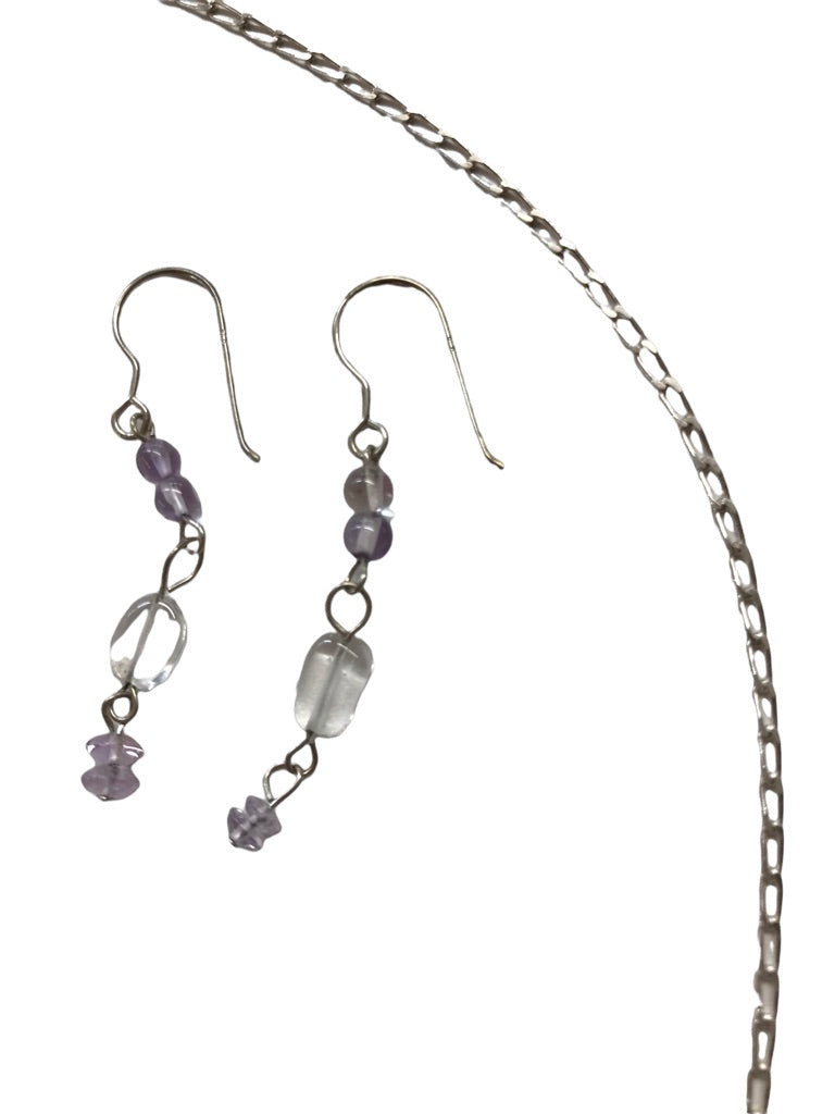 Set Delicate Silvertone 18" Necklace and 1.5" Drop Hook Earrings Orchid Beads