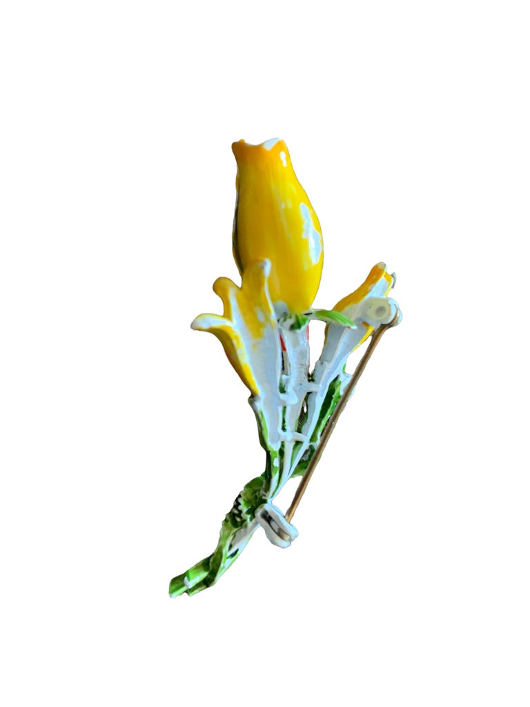 Vintage Yellow Orange Tulip Bouquet Brooch Enamaled Paint 1.5"