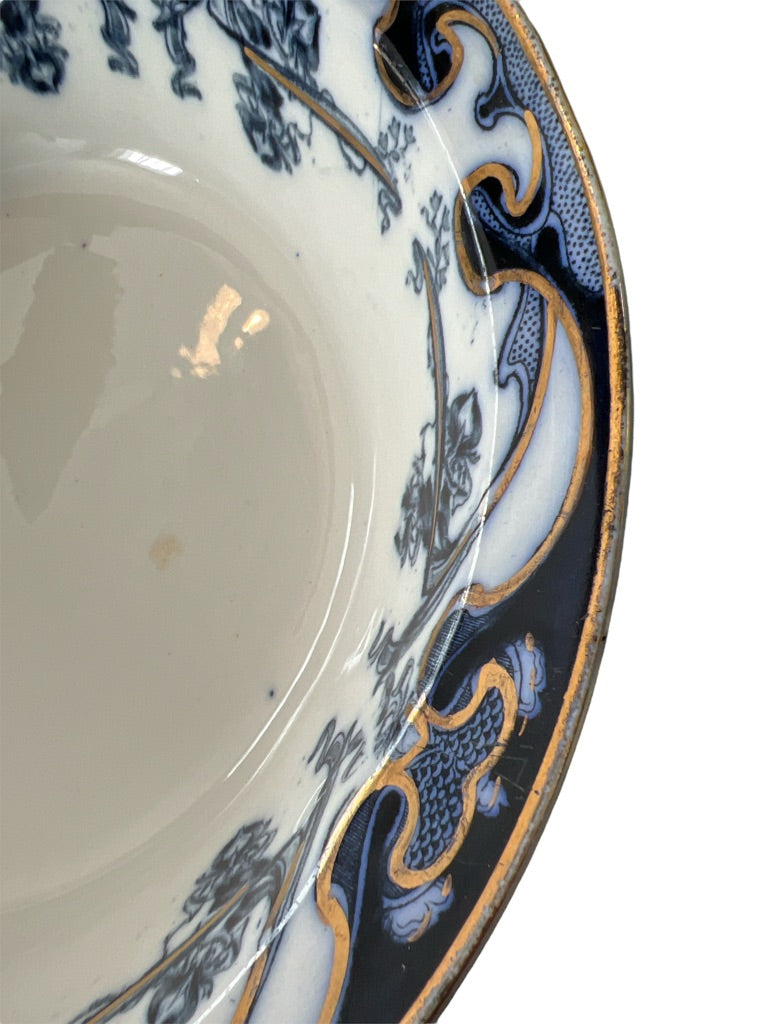 Antique 9" Serving Bowl Flow Blue IRIS Pattern Royal Pottery Staffordshire