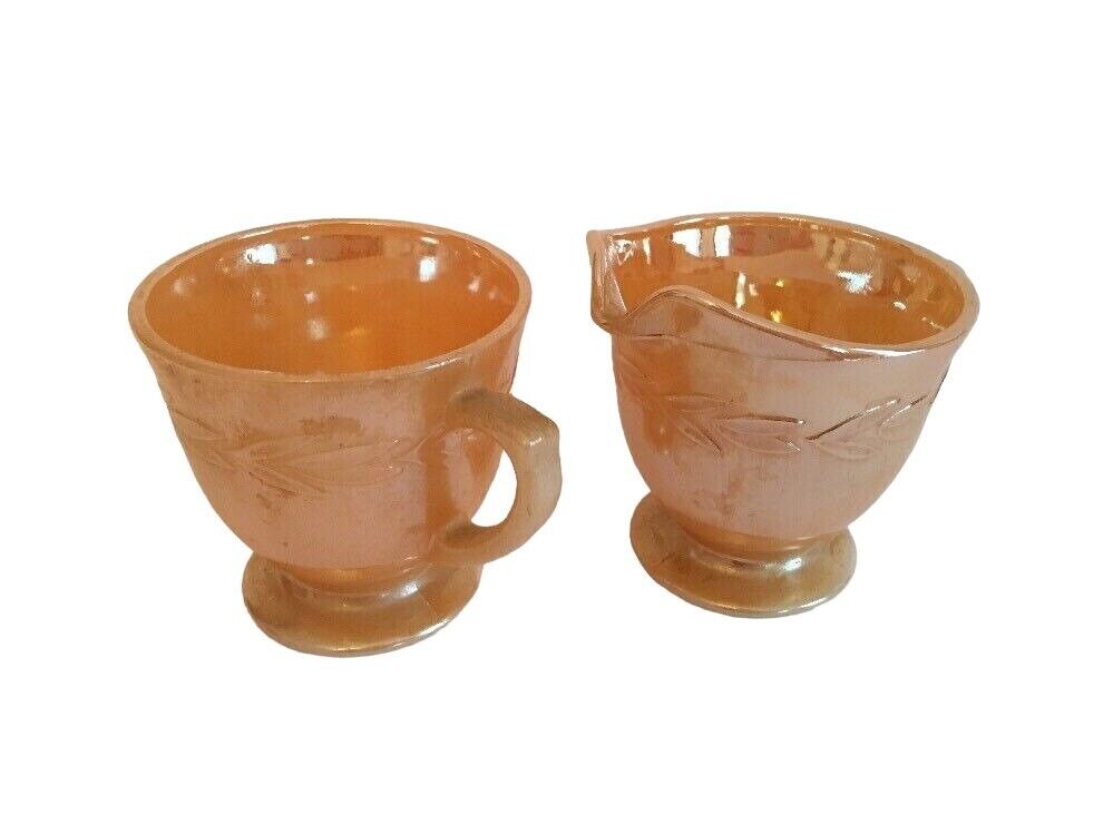 Fire King Peach Laurel Leaf Lusterware Creamer and Sugar Bowl Fire King by Anchor Hocking 1960s Mid Century Orange Lustreware