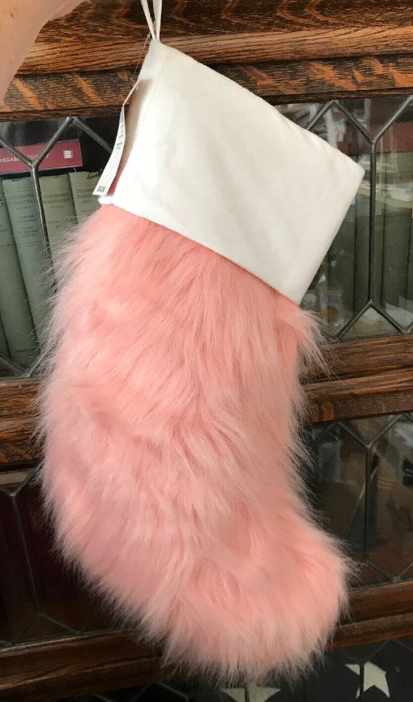 Macy's New NWT Pink Plush Furry Holiday Stocking Satin Lining Holiday Lane Sparkle and Shine