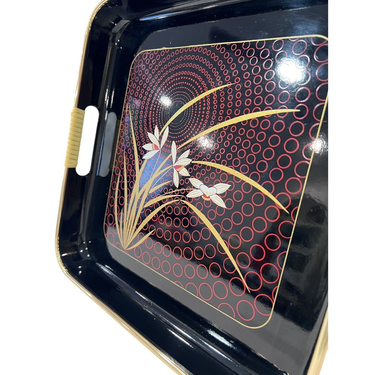 Japanese Black Lacquer Tray "Grand Iris" Gold Rim Wrapped Handles EUC Vintage