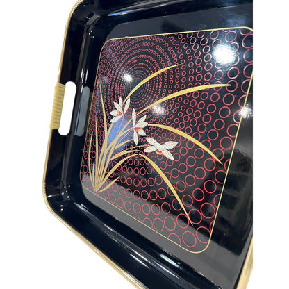 Japanese Black Lacquer Tray "Grand Iris" Gold Rim Wrapped Handles EUC Vintage