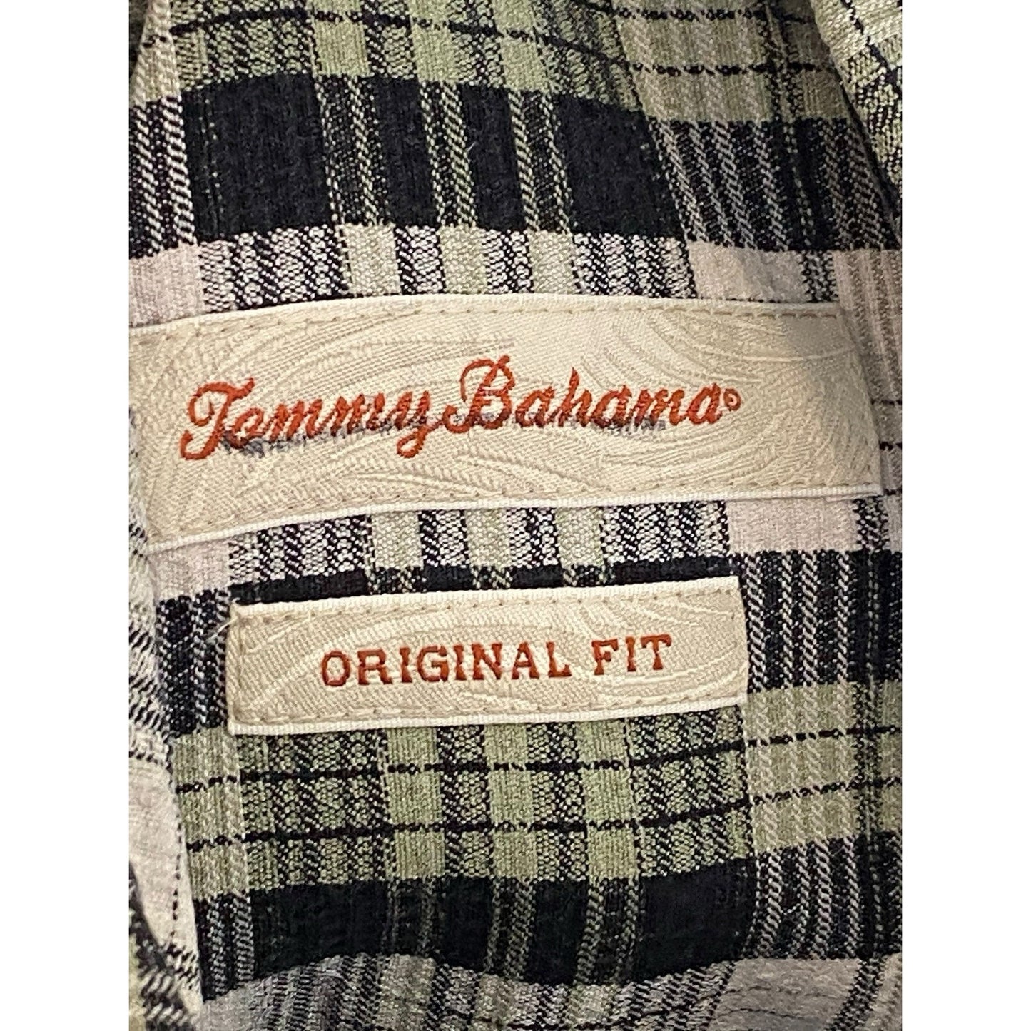 Large Tommy Bahama Button Up Shirt Mens Silk Short Sleeve Plaid Green Black Gray