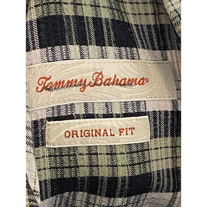 Large Tommy Bahama Button Up Shirt Mens Silk Short Sleeve Plaid Green Black Gray