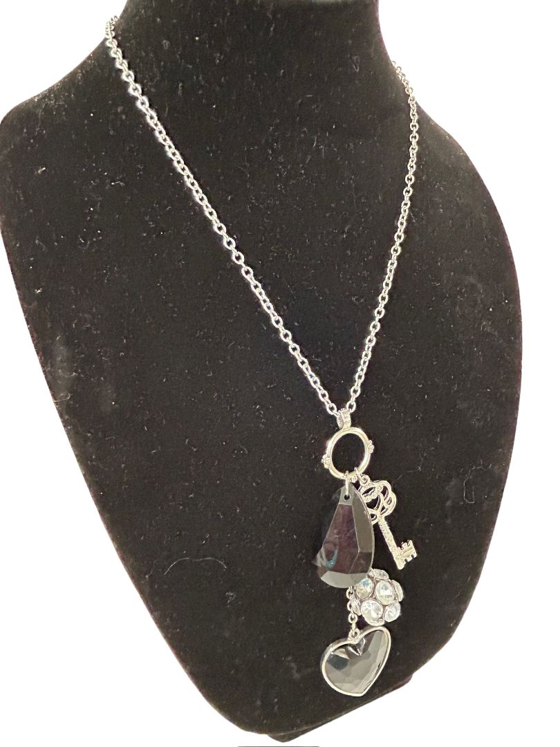 Silvertone Charm Necklace Black Charms Key Heart 28" Lobster Clasp