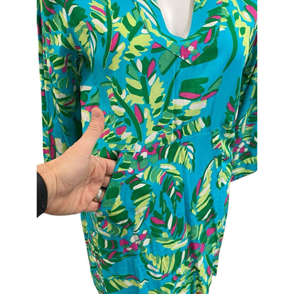 Escapada Living Tory Large Tunic Cover Up Top Aqua Blue Green Palm Tree NWT