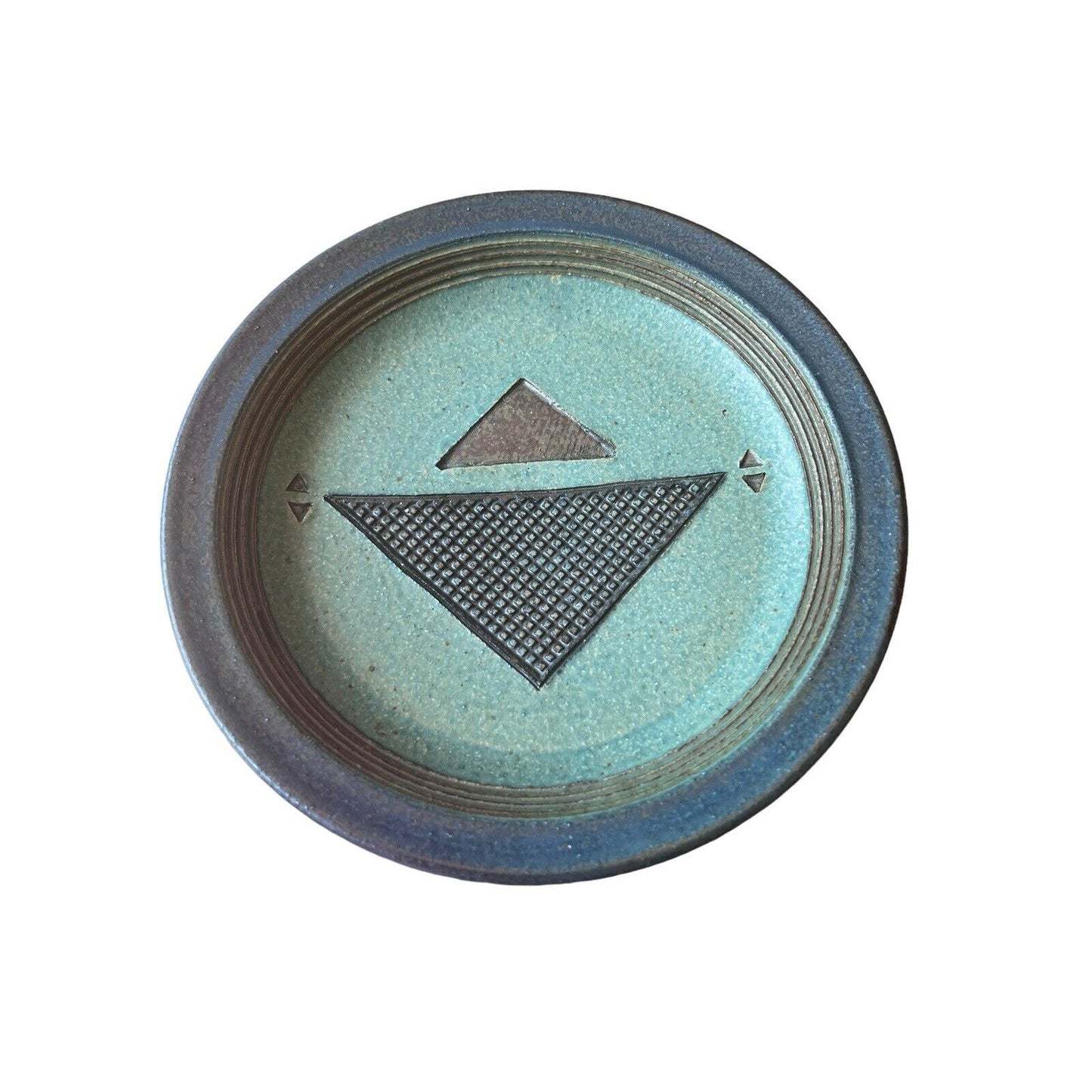 Signed Linda Sheard Pottery Blue Teal Plate Geometric Earth Glaze Handmade