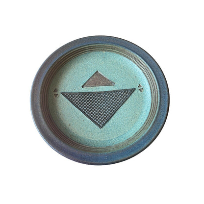 Signed Linda Sheard Pottery Blue Teal Plate Geometric Earth Glaze Handmade