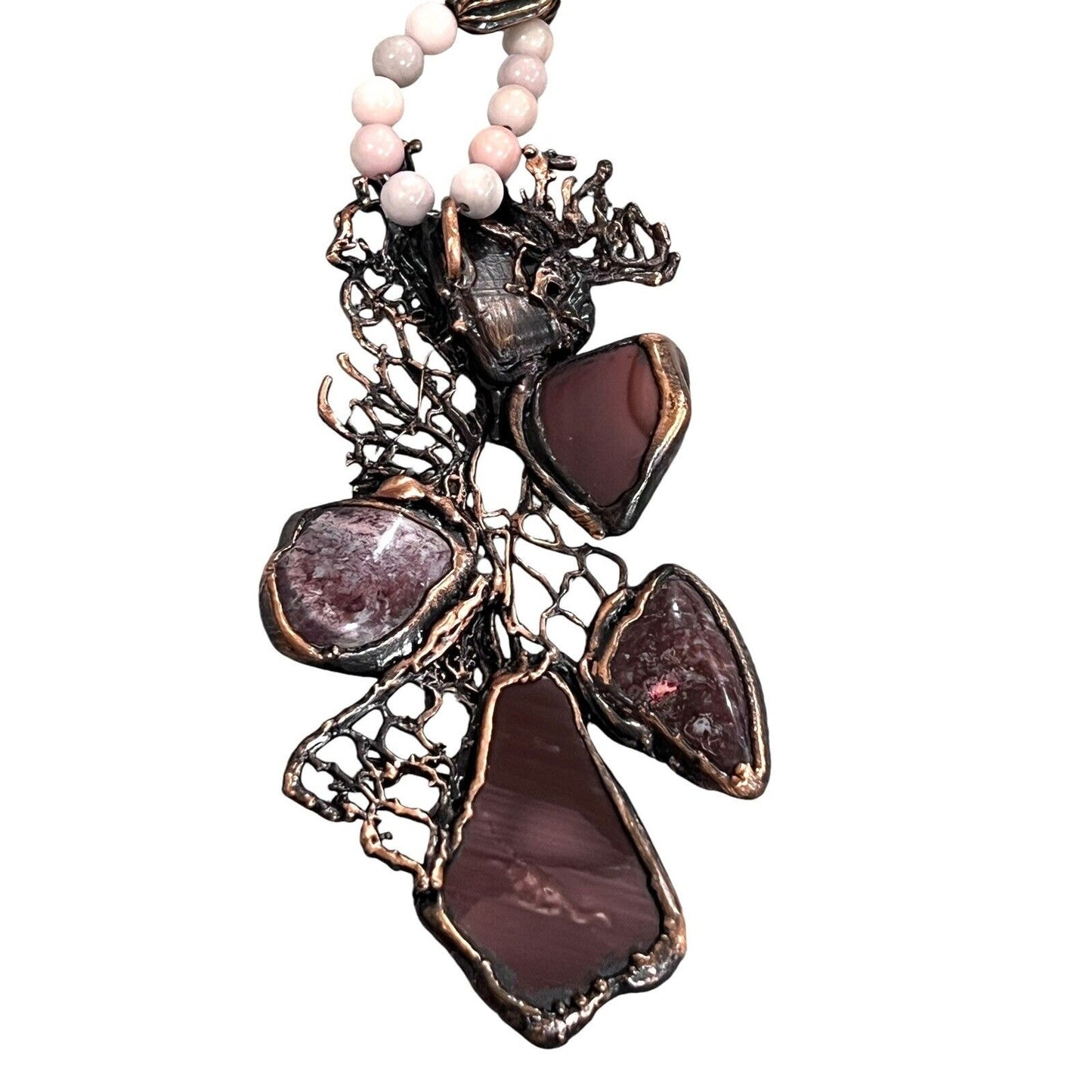 Artsy One Of A Kind Agate Geode Amber Bead Necklace Handmade Copper 24”