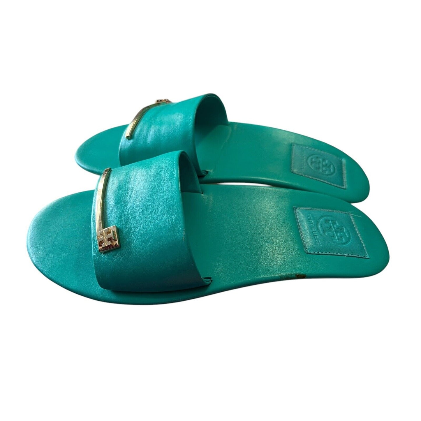 Tory Burch Ladies' Leather Slide Sandals Teal Green Slip-ons Slides Size 8.5