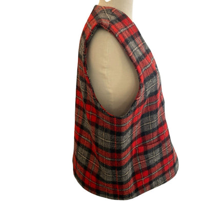 Petite Large Eddie Bauer Women Wool Plaid Red Black Grey Button Pocket Vest