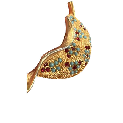 ART Signed Arthur Pepper Blue Red Rhinestone Leaf Brooch Gold Tone Pin