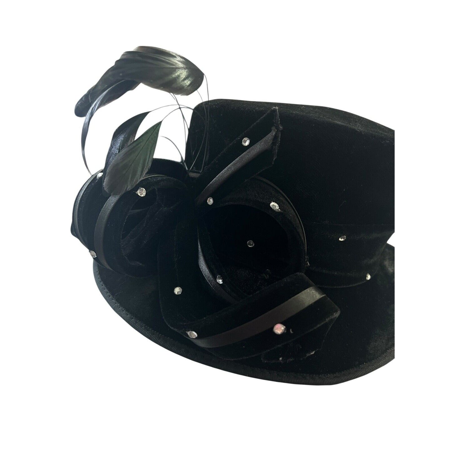 Swan Hat New York Ladies Black Velvet Rhinestone Bow Feathers Costume Regency