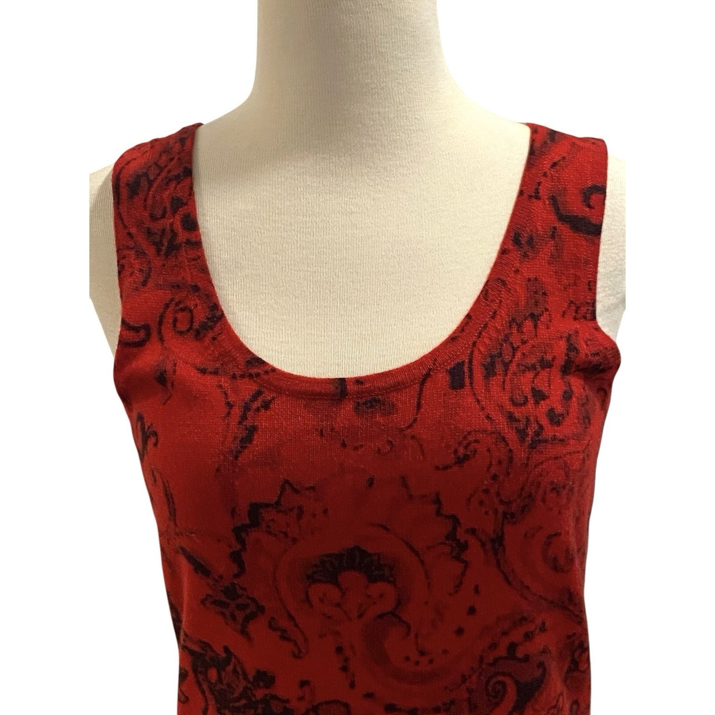 100% Cashmere Red Sleeveless Sweater Tank Top Black Floral Design