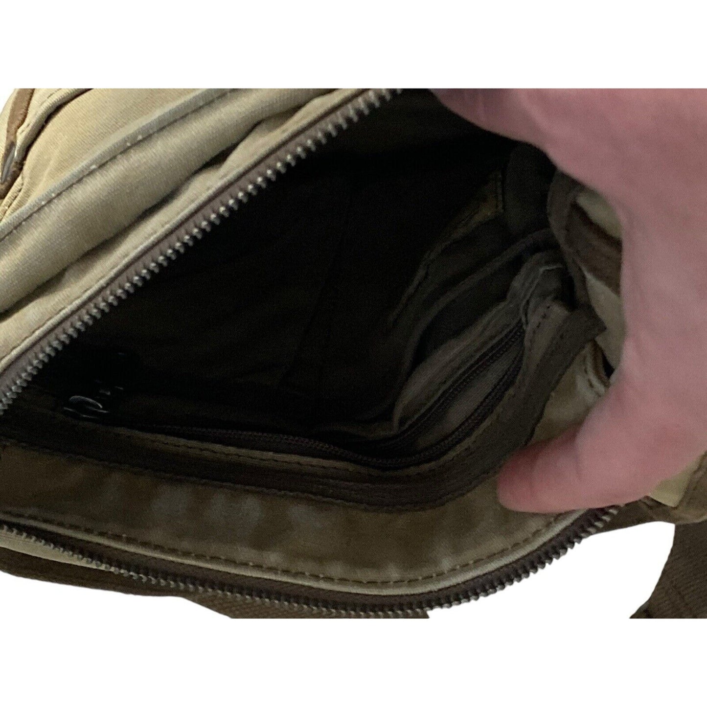 TSD Brand Forest Flap Crossbody Messenger Bag Tan Canvas Brown Leather Trim