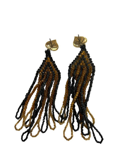 Vintage Seed Bead 3.5" Drop Dangle Earrings Goldtone Black Post Pierced