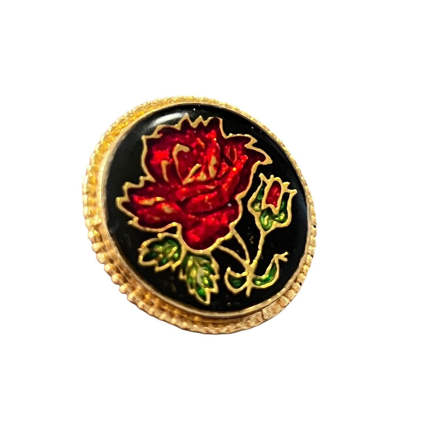 Vintage Black Red Rose Resin Coated Flower Round Gold Tone Brooch Pin 1 1/16”