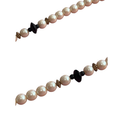 Faux Pearl Beads Black Painted Bird Floral Wood Pendant Strand Necklace Asian 29