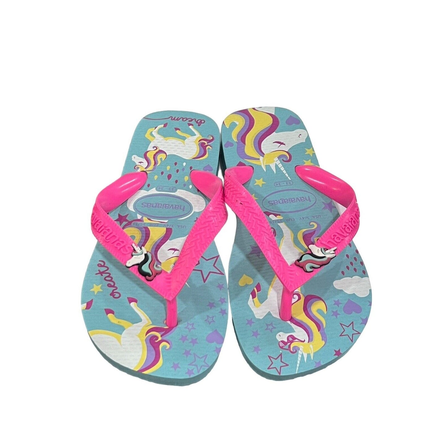 Havaianas Girls Hot Pink Purple Teal Unicorn Flip Flops Sandals Youth Size 3/4