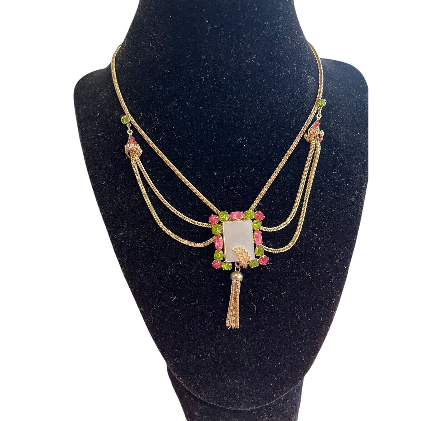 Art Deco Green Pink Rhinestone Festoon Swag Necklace Vintage Rectangle Leaf Acce