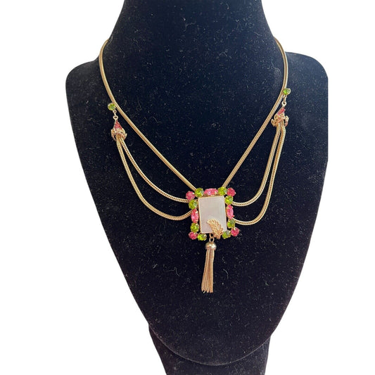 Art Deco Green Pink Rhinestone Festoon Swag Necklace Vintage Rectangle Leaf Acce