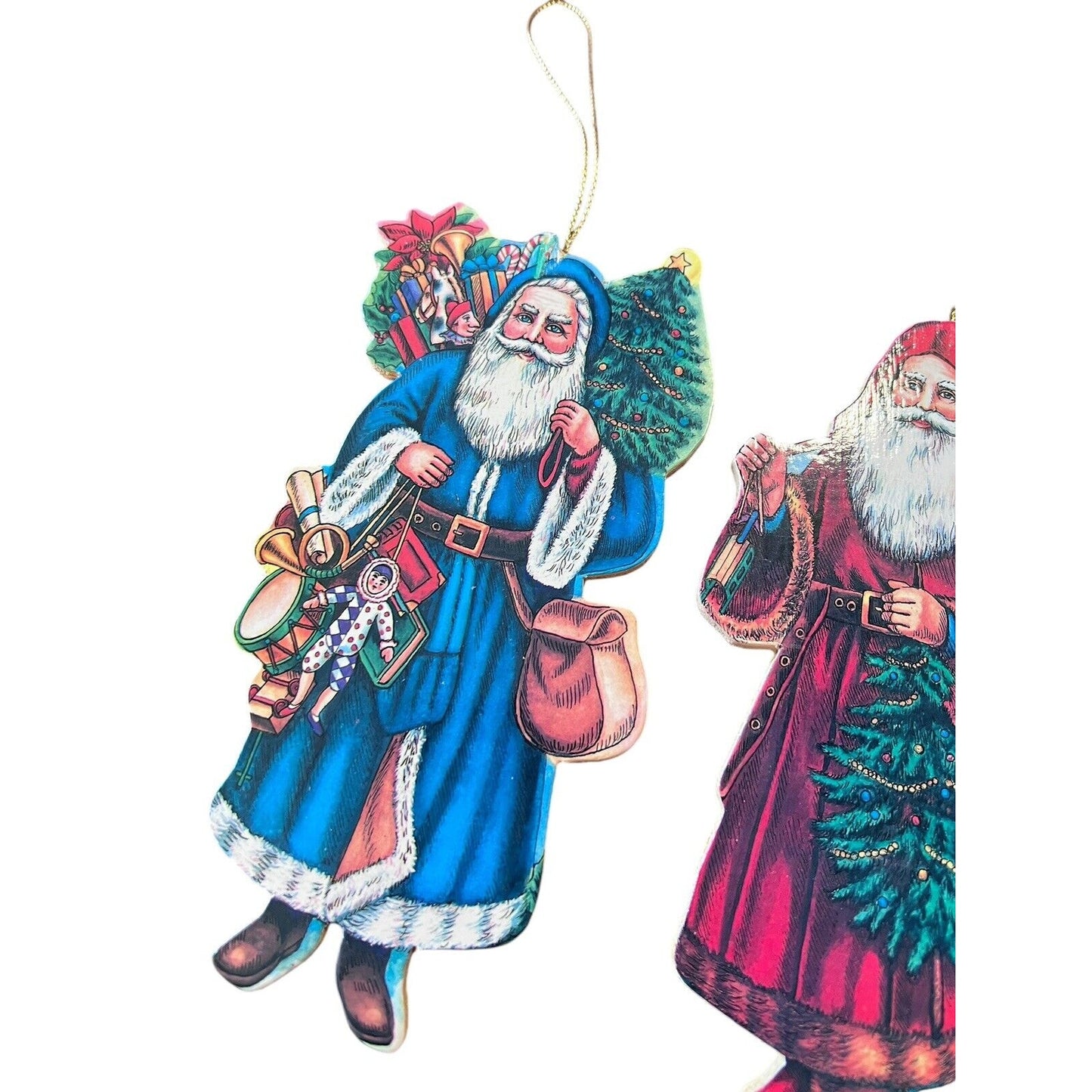 Santa Claus Old World Style Classic Print Wood Christmas Ornament Set Holiday