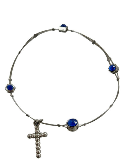 Vintage Silvertone Cross Charm Wire Bracelet Thin Bangle Blue 2.75" Diameter