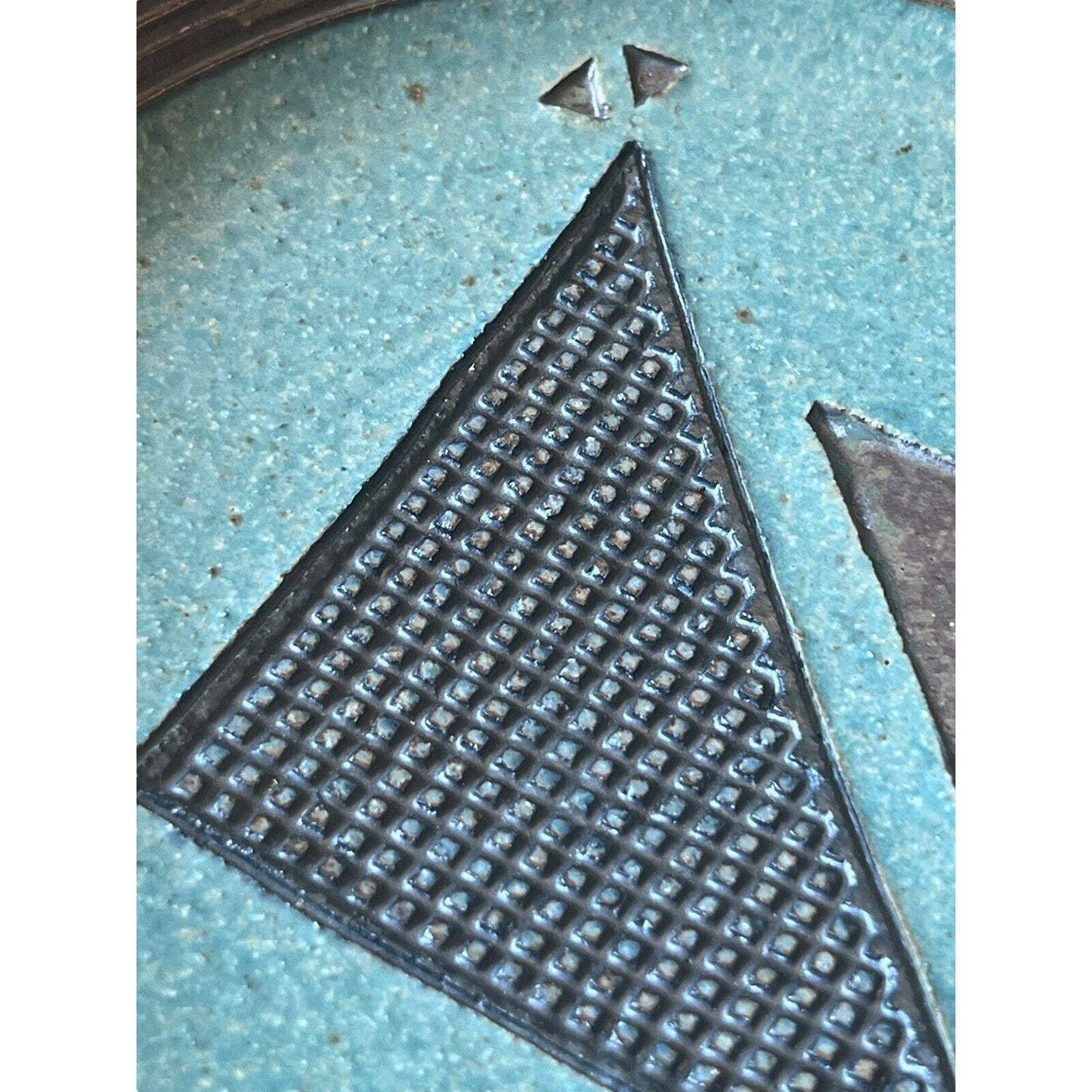 Signed Linda Sheard Pottery Blue Teal Plate Geometric Earth Glaze Handmade