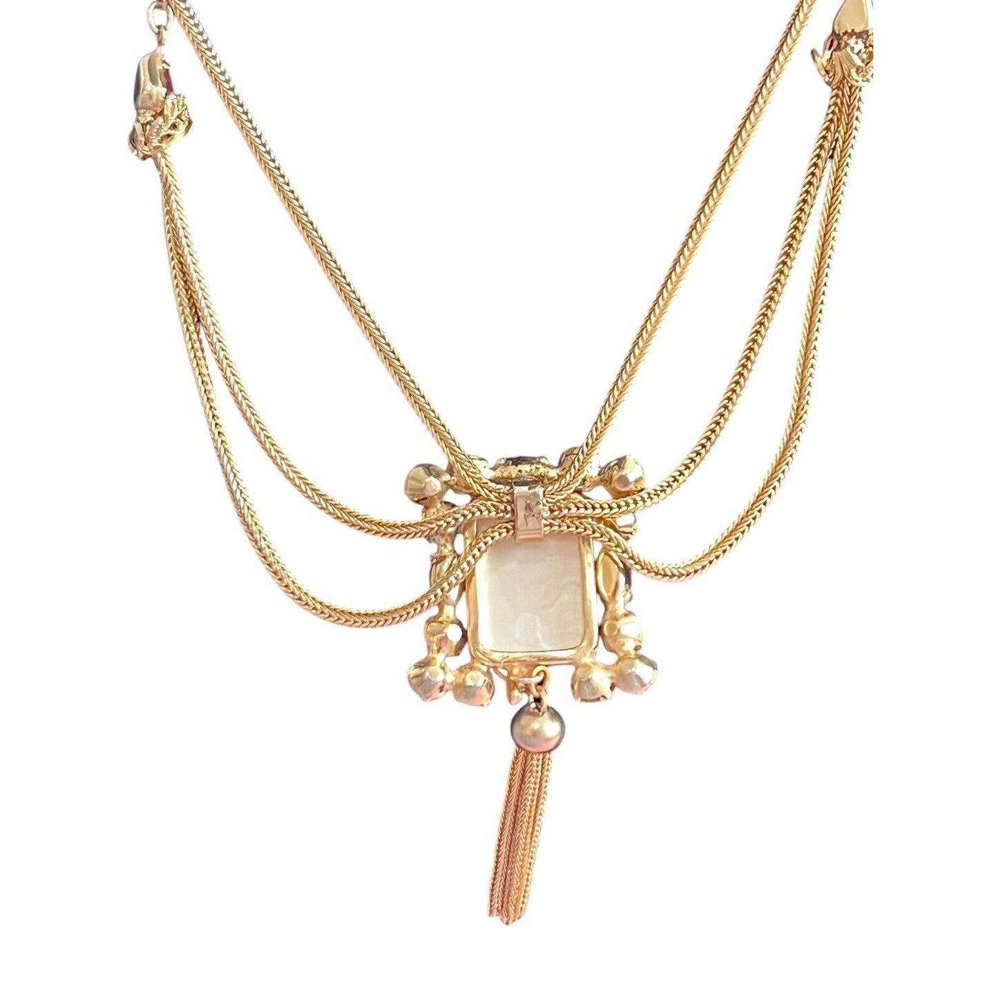 Art Deco Green Pink Rhinestone Festoon Swag Necklace Vintage Rectangle Leaf Acce