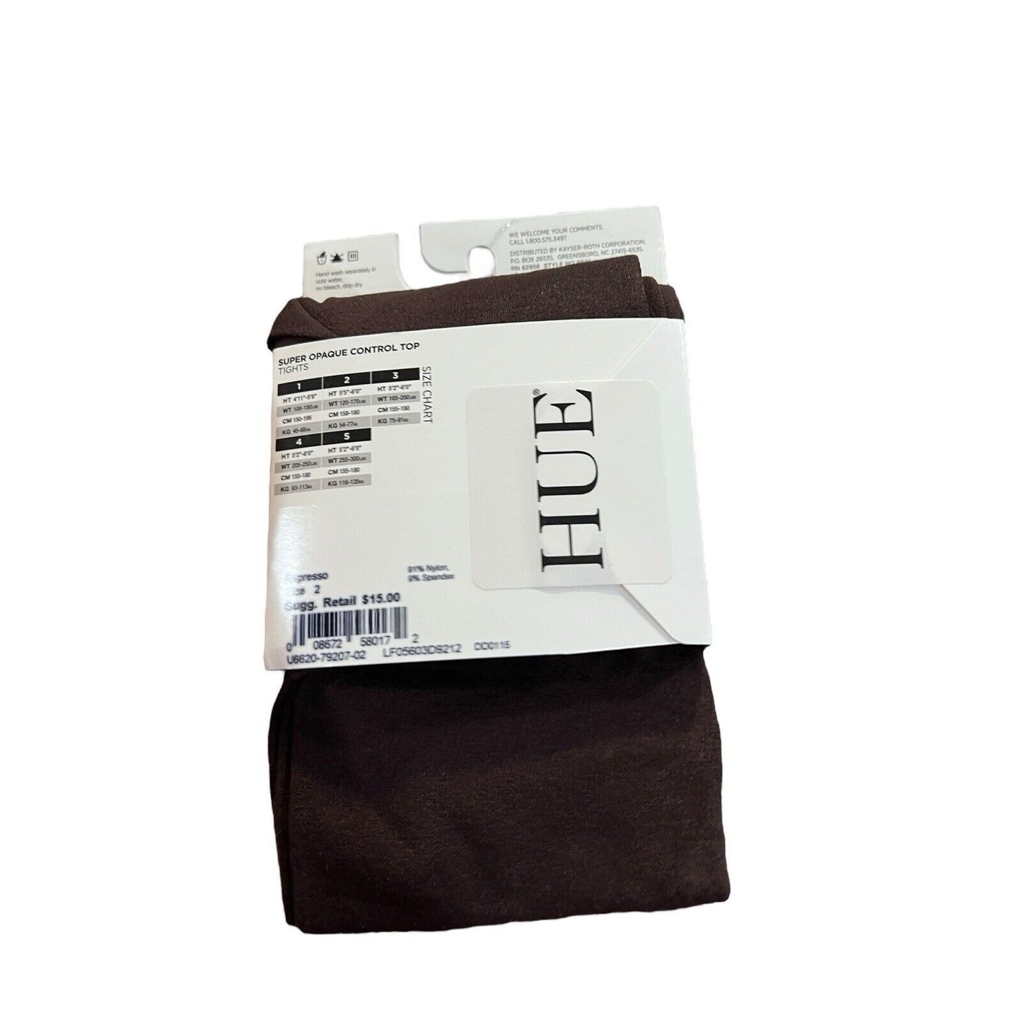 Hue Super Opaque Tights Smooth Control Top Size 2 5'5" - 6'0" Espresso 90 Den