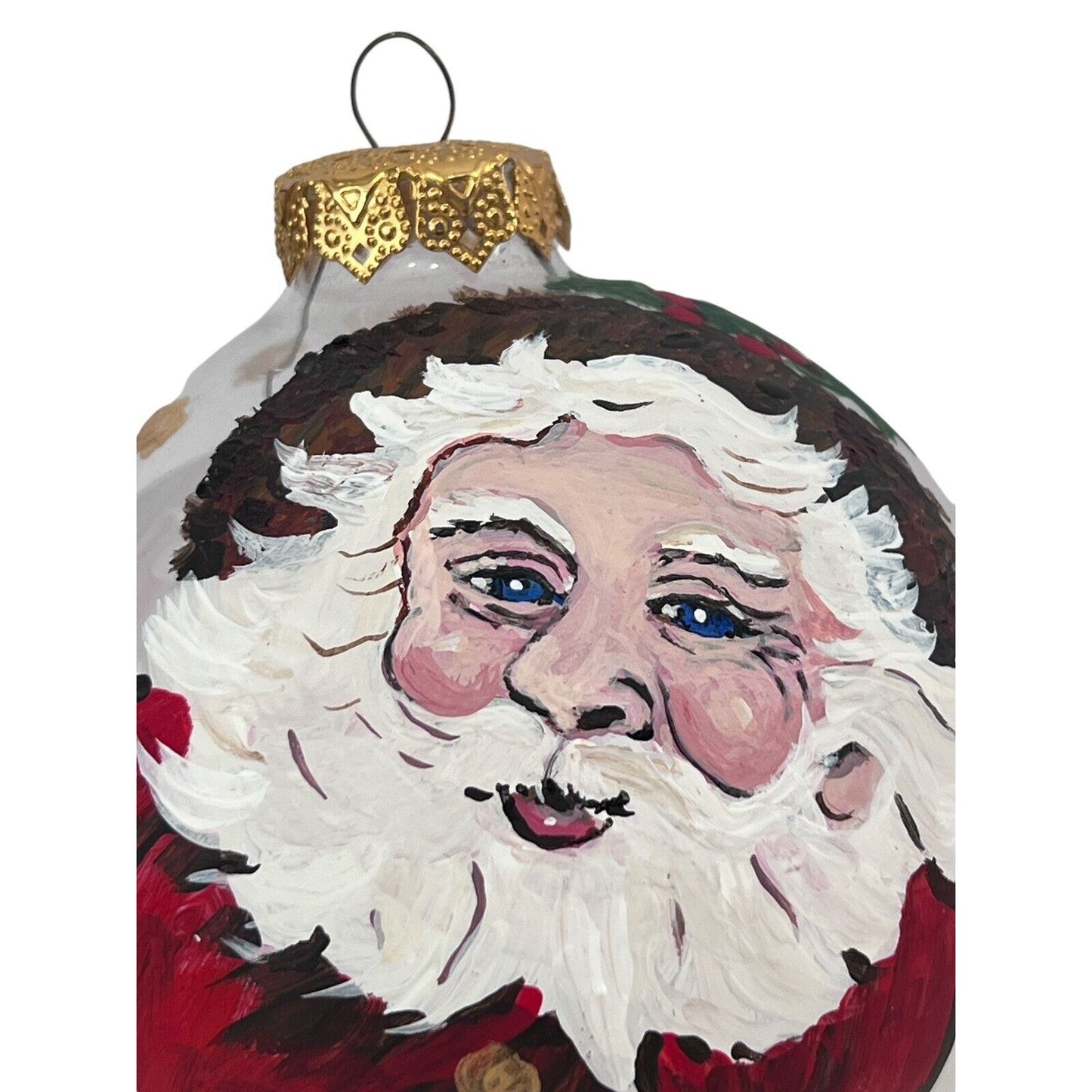 Santa Claus Ornament Christmas Holiday Clear Glass Handpainted Large Ball Signed