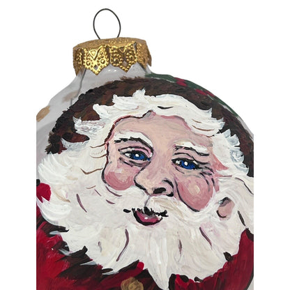 Santa Claus Ornament Christmas Holiday Clear Glass Handpainted Large Ball Signed